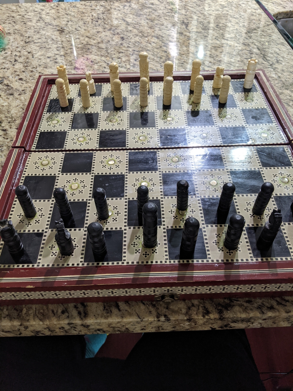 Vintage Egyptian Mother Of Pearl Inlaid Chess & Backgammon Board Set.
